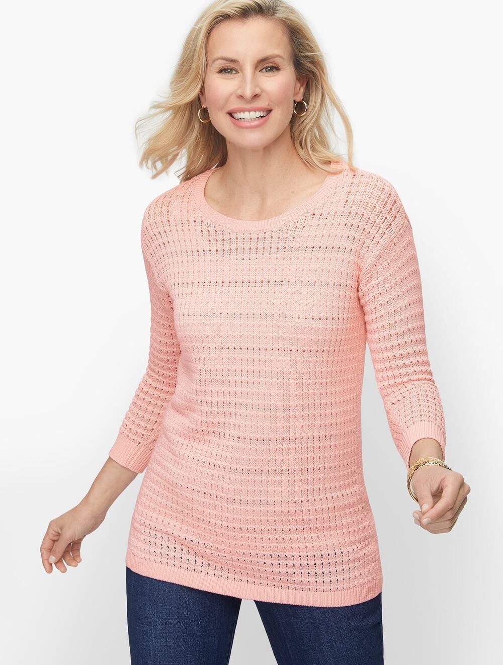 Talbots Sweater Large Petite Pink Open Knit Mixed Yarn 3/4 Sleeve Cotton Blend